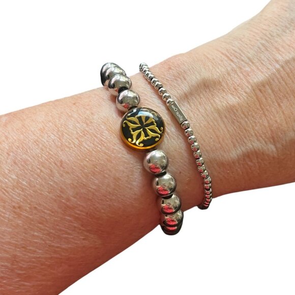 Rustic Cuff Set of Two Stainless Enamel Logo Stretch Bracelets - Picture 1 of 2